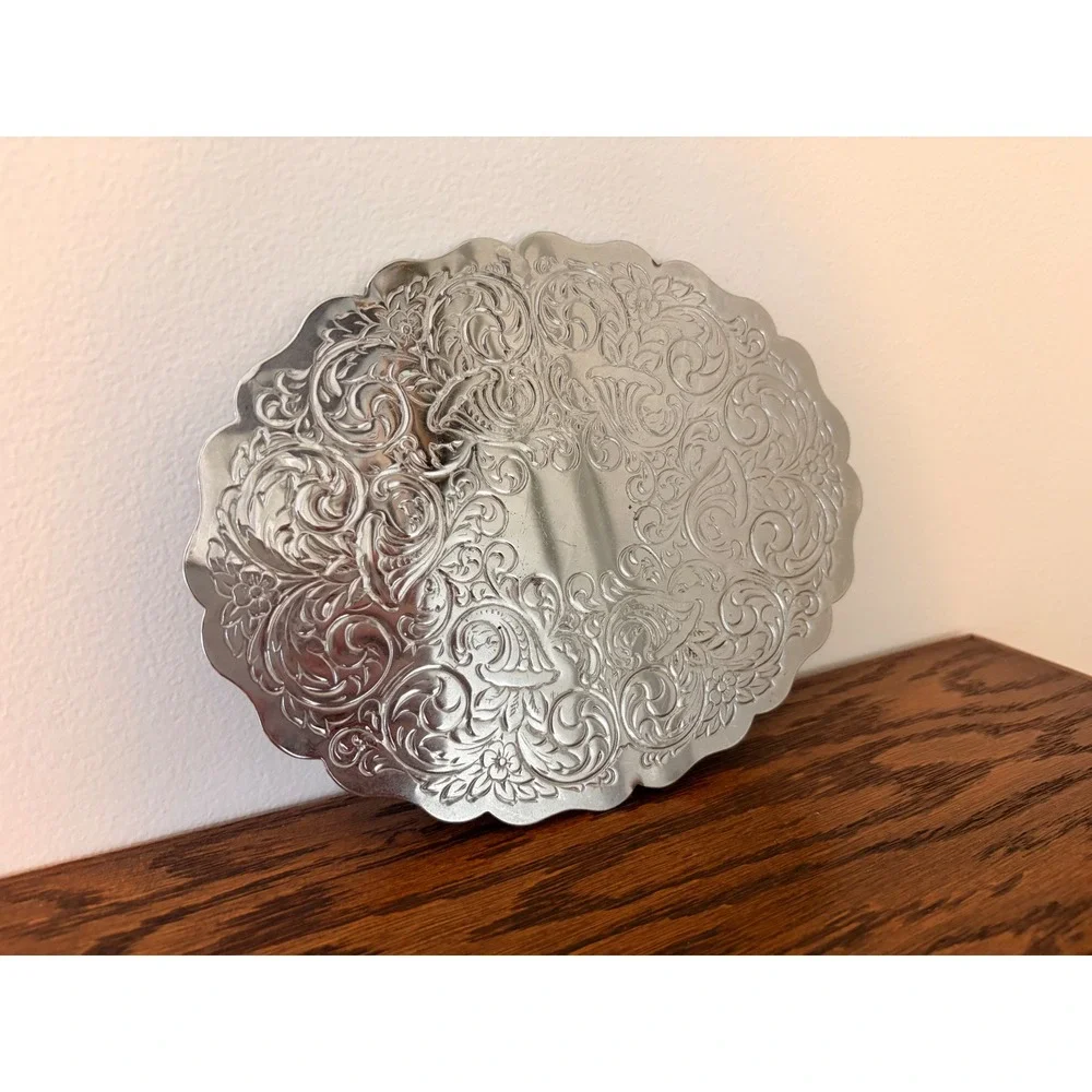 Vintage Silver Plated Footed Trivet Floral Embossed Scalloped Oval Vanity Tray